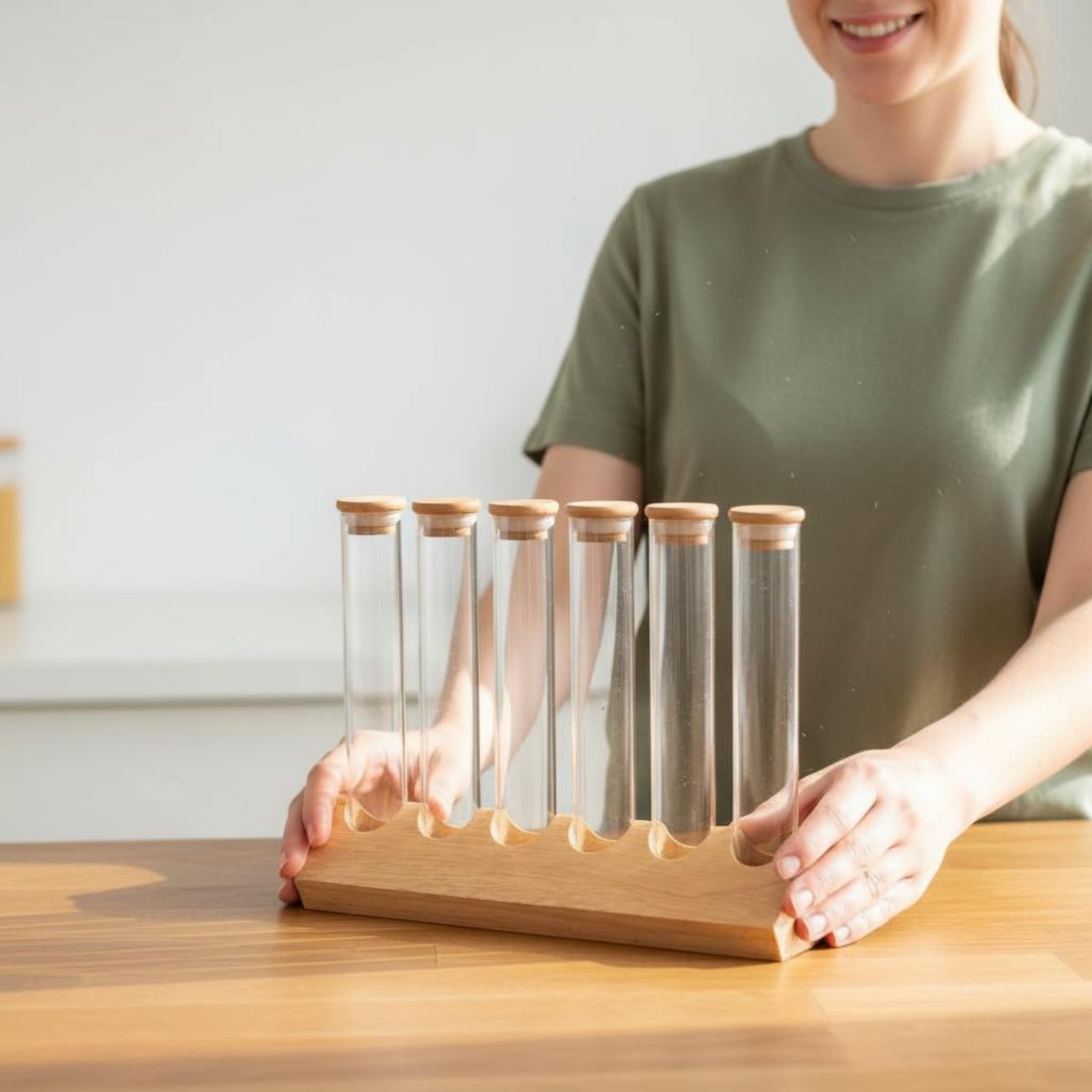 Display Stand Wood - Ahşap Standlı Cam Tüp Saklama Seti,